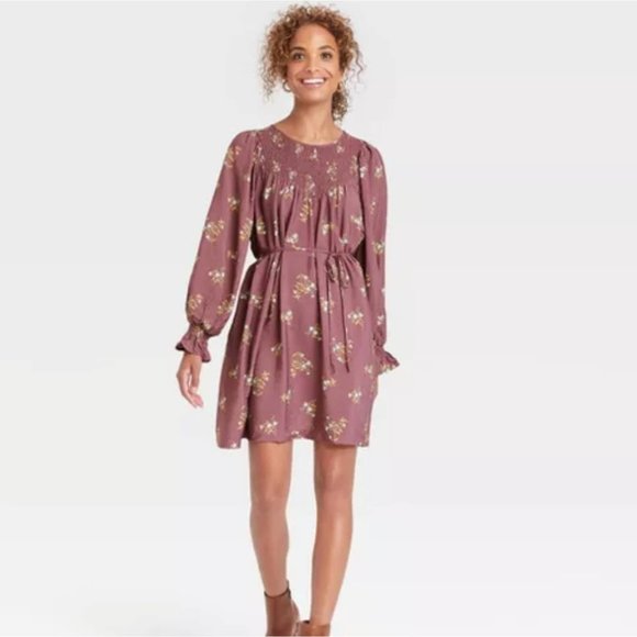 A New Day Women's Long Sleeve Tent Mini Dress Purple Floral Print Belted Small - Picture 13 of 13